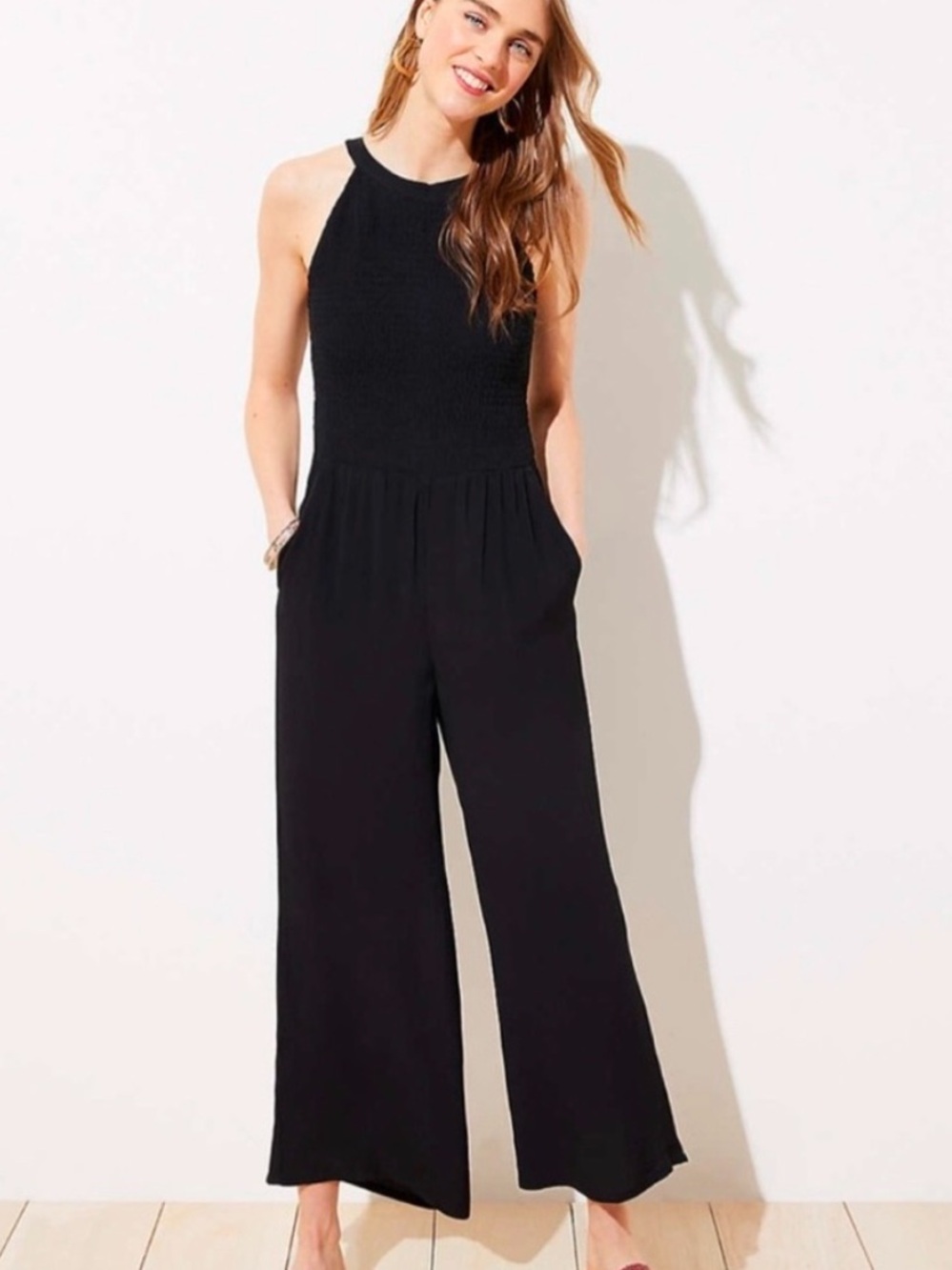 EUC LOFT black racerback smocked wide leg tank jumpsuit. Size 6